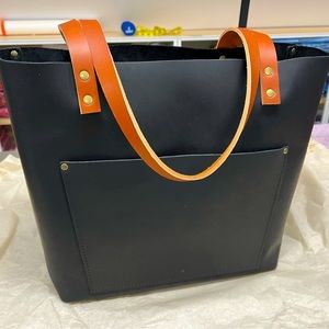 Portland Leather Classic Black Tote with Tan Straps